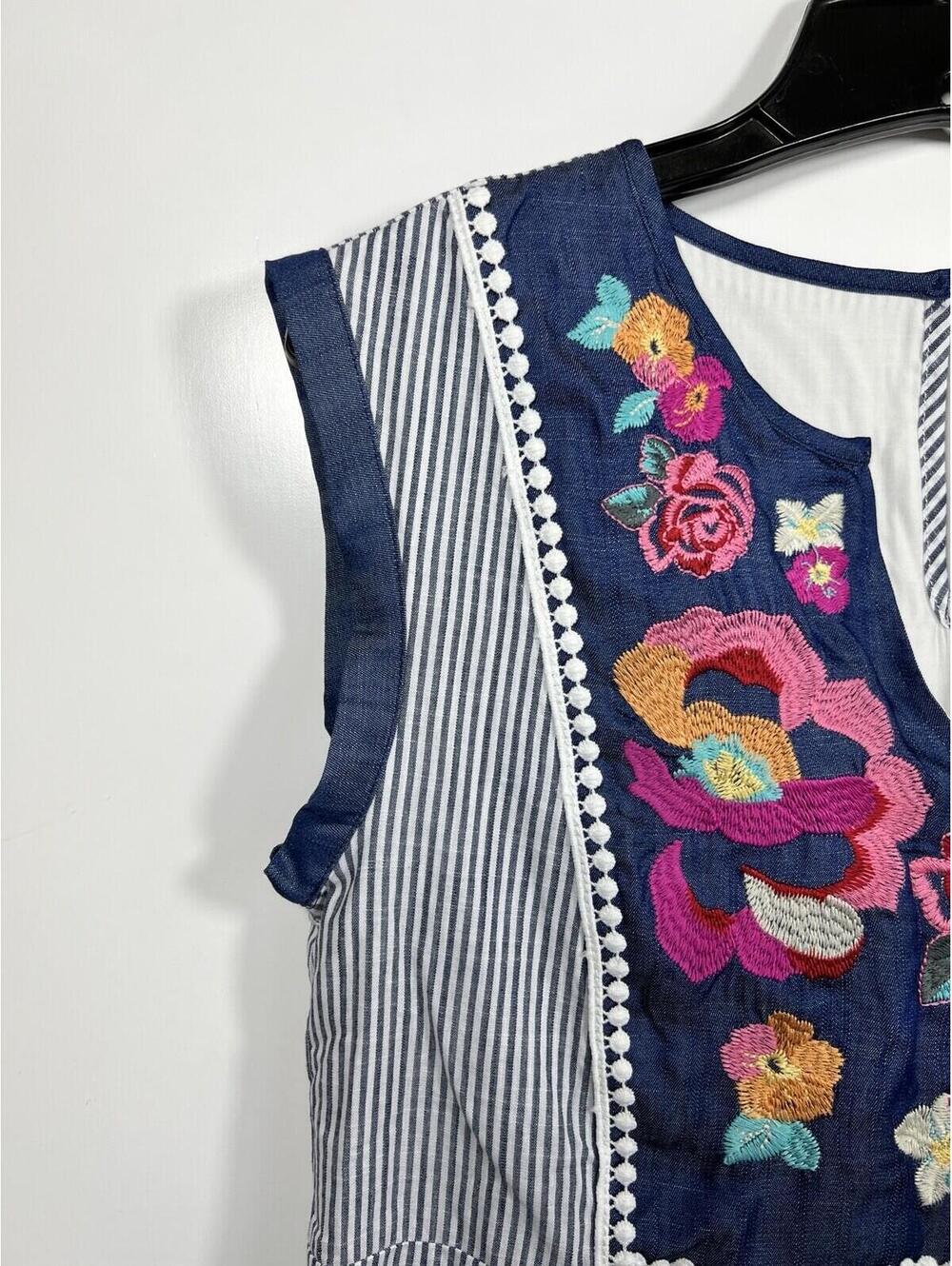 Savanna Jane Vibrant Embroidered Blue Striped Dress Size Small Boho Cowgirl - Picture 5 of 9